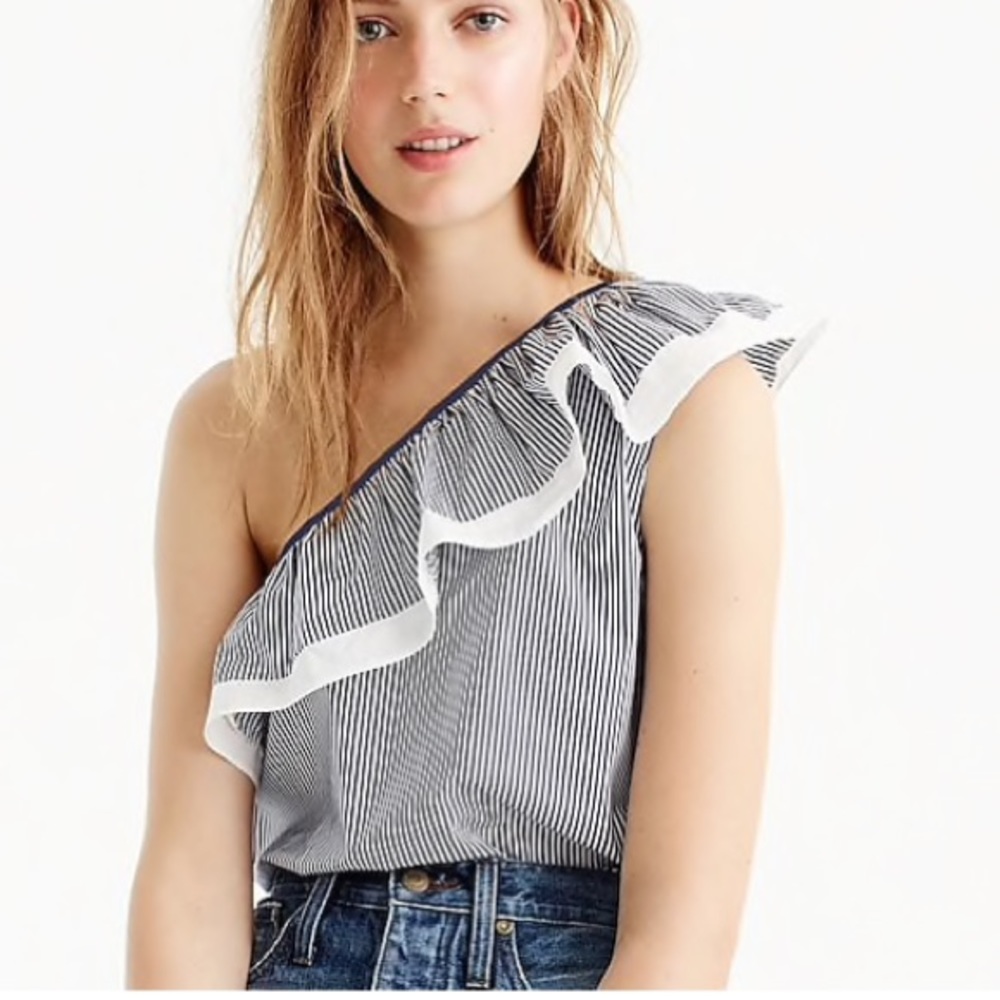 J CREW Stripe Ruffle One Shoulder Top NWT